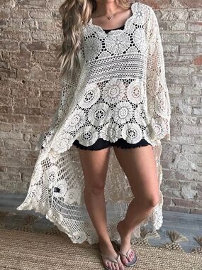 POL Cream Crochet Long Open-Front Kimono